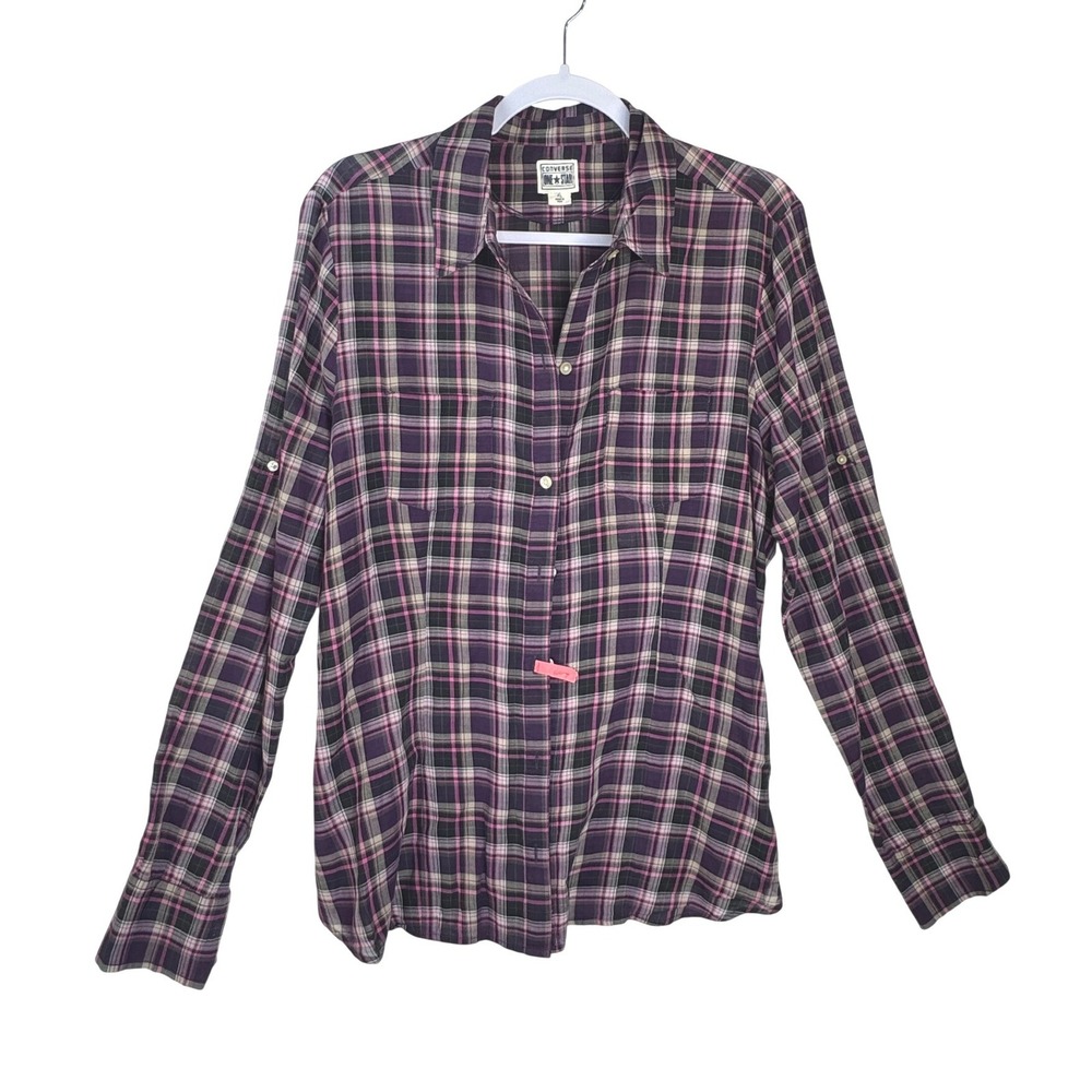 Converse One Star Womens XL Purple Pink Plaid Roll Tab Long Sleeve Cotton Shirt